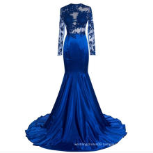 Blue Satin High Neck Dubai Simple and Beautiful Lace Applique Evening Dress with Long Illusion Sleeves
